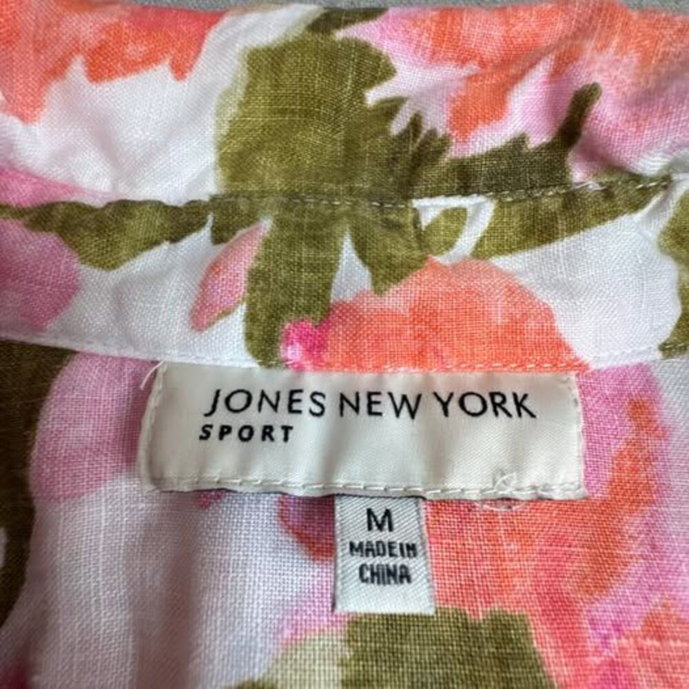 Jones New York Floral 100% Linen 3/4 Roll Tab Sleeve Top (Size Medium) - Picture 6 of 9